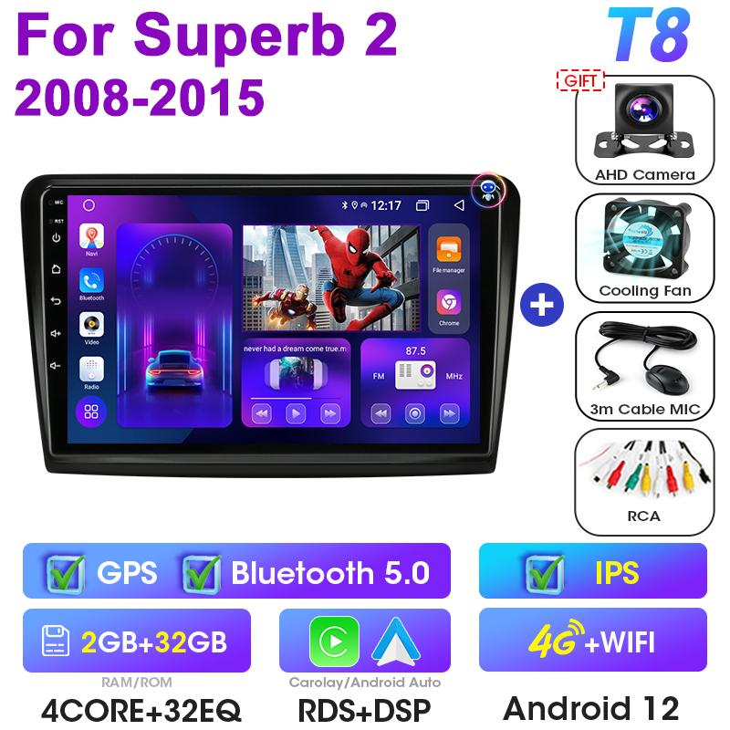 2 Din Android 12 Car Radio For Skoda Superb 2 B6 2008 - 2015 Multimedia Video Player GPS Carplay Auto Stereo RDS DVD Head Unit