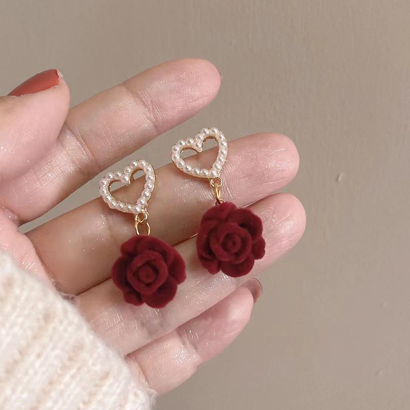 Серьги-бантики из красной флокированной ткани, темпераментные серьги с длинными бахромой в виде сладких цветов