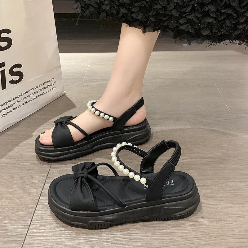 Sandals Female 2024 New Summer Bow Fairy Wind Platform Pearl Word with Fashion Open-toed Roman Women's Shoes