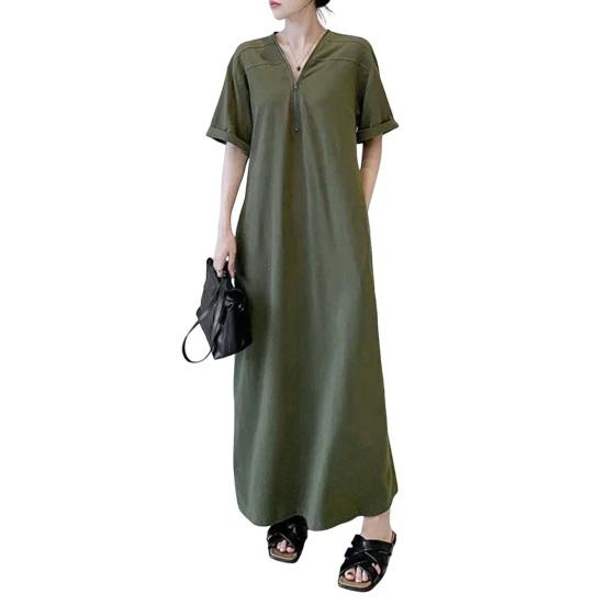 Женское летнее платье-футболка с коротким рукавом, полумолнией, V-образным вырезом, макси-платье, повседневный длинный сарафан с карманами для пляжного отдыха