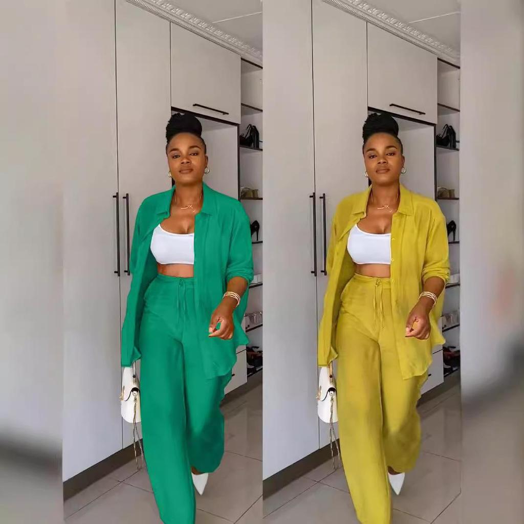 Y6020 Women's European & American Casual Two-Piece Set: Long-Sleeved Shirt & Straight Pants for Spring & Autumn 2024