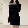 Women Knitting Tops Off Shoulder Long Sleeve Solid Color Slim Fit Pullover