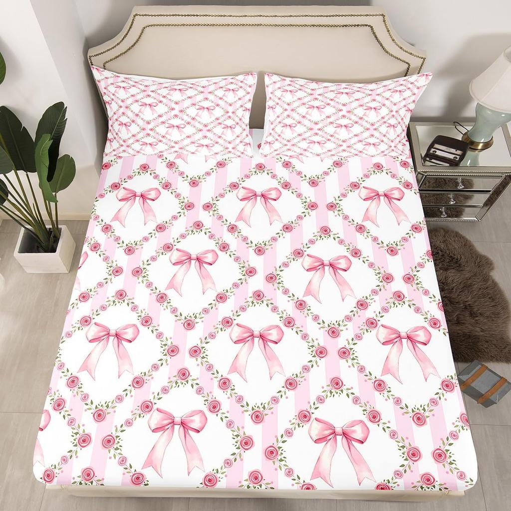 Simple Bow Pattern Mattress Three-Piece Digital Printing Mattress Bedding Set Adult Children