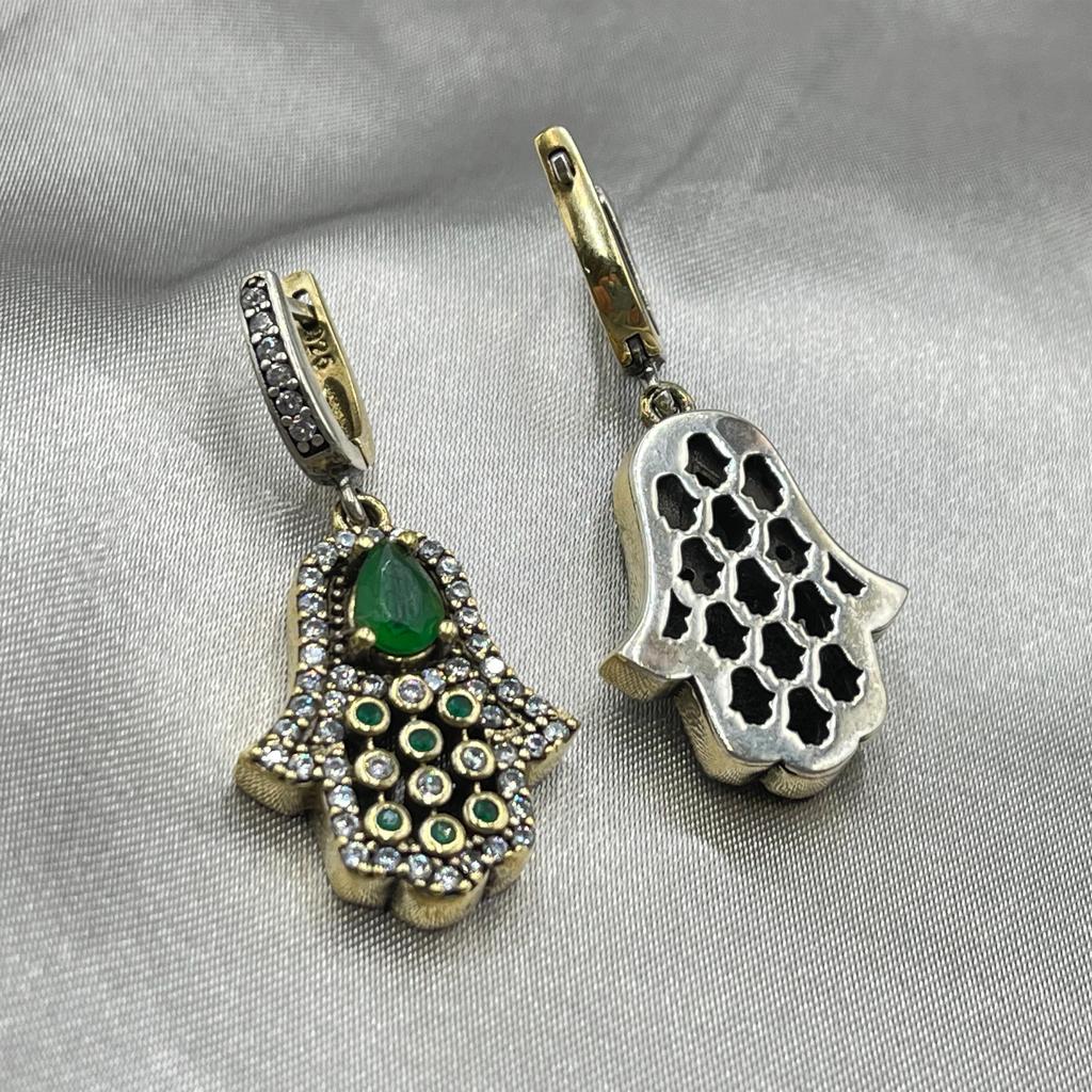 Серебряная серьга Hamsa Hand, серебряная серьга аутентичного дизайна, кольцо в османском стиле, серьга с изумрудным камнем, винтажная серебряная серьга