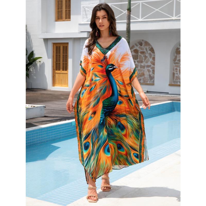 Женская мода лето весна перо принт рукава 1/2 V-образный вырез свободная талия повседневные платья