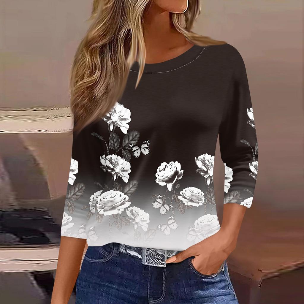 Женская рубашка свободного покроя с рукавом семь четвертей и ретро-цветочным принтом