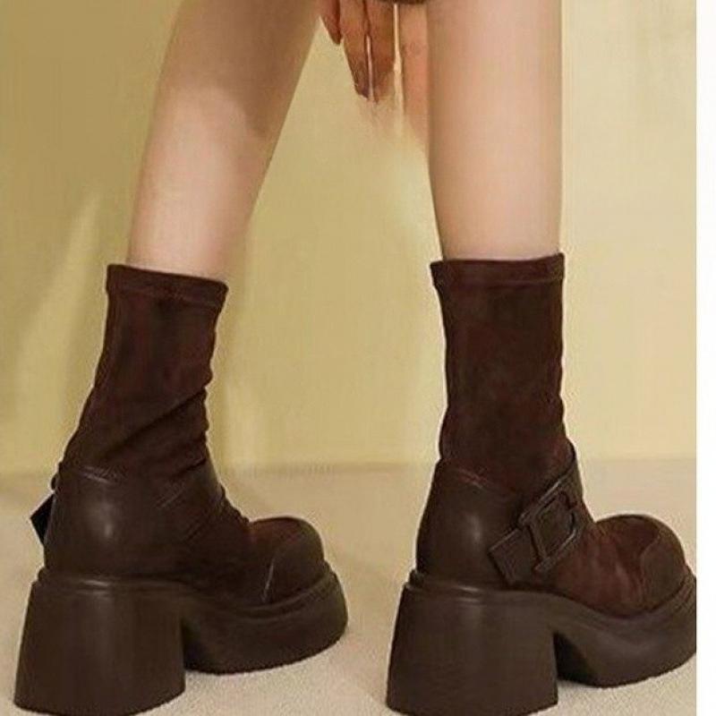 Fashion Long Boots Women Platform Elastic Socks Boots British Wind Show Thin Metal Buckle Ankle Boots 2025 New