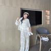 Весенняя новая пижама для женщин, Ice Silk с длинными рукавами, воротник Doll, акварельные цветы, девчачий стиль, стиль Sweet Home