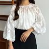 Summer New Puff Sleeve Loose Casual Sunscreen Shirt Women Fashion Round Neck Hollow Loose Lace Blouses Women Tops Elegant Vintage Solid Shirts 26568