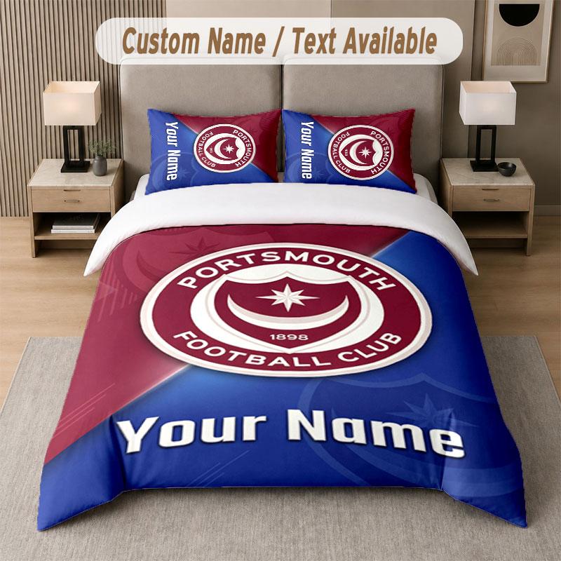 Custom Bedding Set Portsmouth FC Pattern, Print Name Text 1 Duvet Cover plus 2 Pillowcases Home Textile