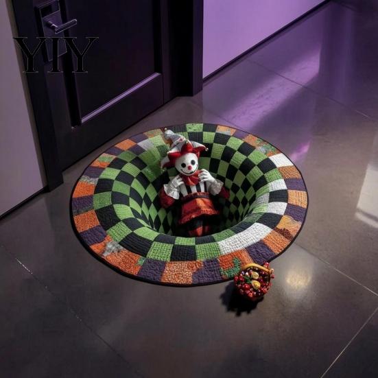 Durable Decorative Home Accents 3D Halloween Rug, Bottomless Pit Illusion Quilted Look Floor Seasonal Festive Area Carpet Mat, Non-Slip Spooky Rug for