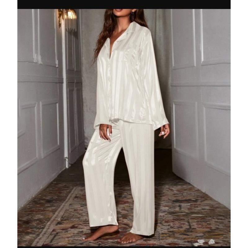 Order A Size Up Women's Striped Pajama Set Solid French Silk Satin Pajamas  Two Piece Set Comfortable Home Pajamas