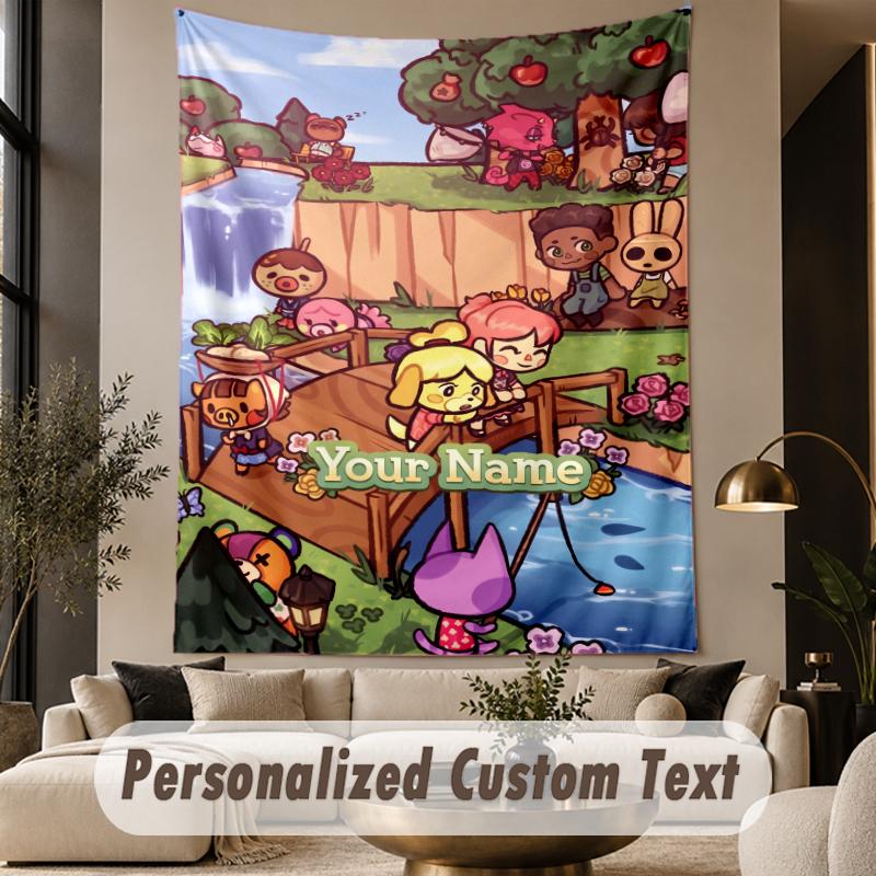 Custom Text Printed Tapestry Animal Crossing Pattern Large Wall Hanging Indoor Room Decor