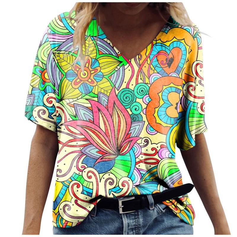 5XL летняя футболка большого размера с цветочным принтом, женская рубашка с коротким рукавом и 3D картой, модная повседневная женская рубашка с v-образным вырезом, свободный топ больших размеров 2021