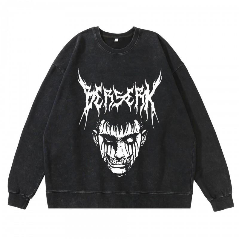 Heavyweight 360g Washed Vintage Berserk Anime Streetwear Cotton Pullover Hoodie-Free Crewneck Sweatshirt Men
