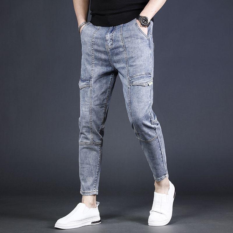 Jeans Men's Summer New Slim Small Leg Trousers Spring and Autumn Tide Washed Workwear Casual Long Trousers