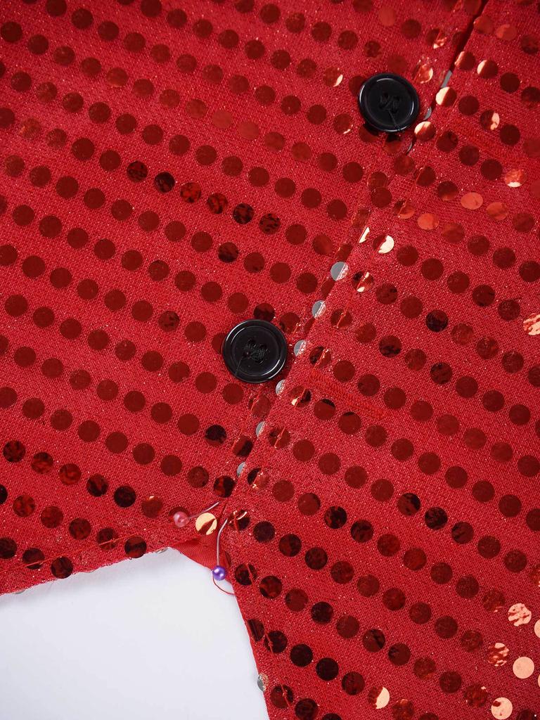 Boys Glittery Dance Vest Sleeveless V Neck Sequin Buttons Vest Set with Hat Bowtie for Jazz Stage Performances