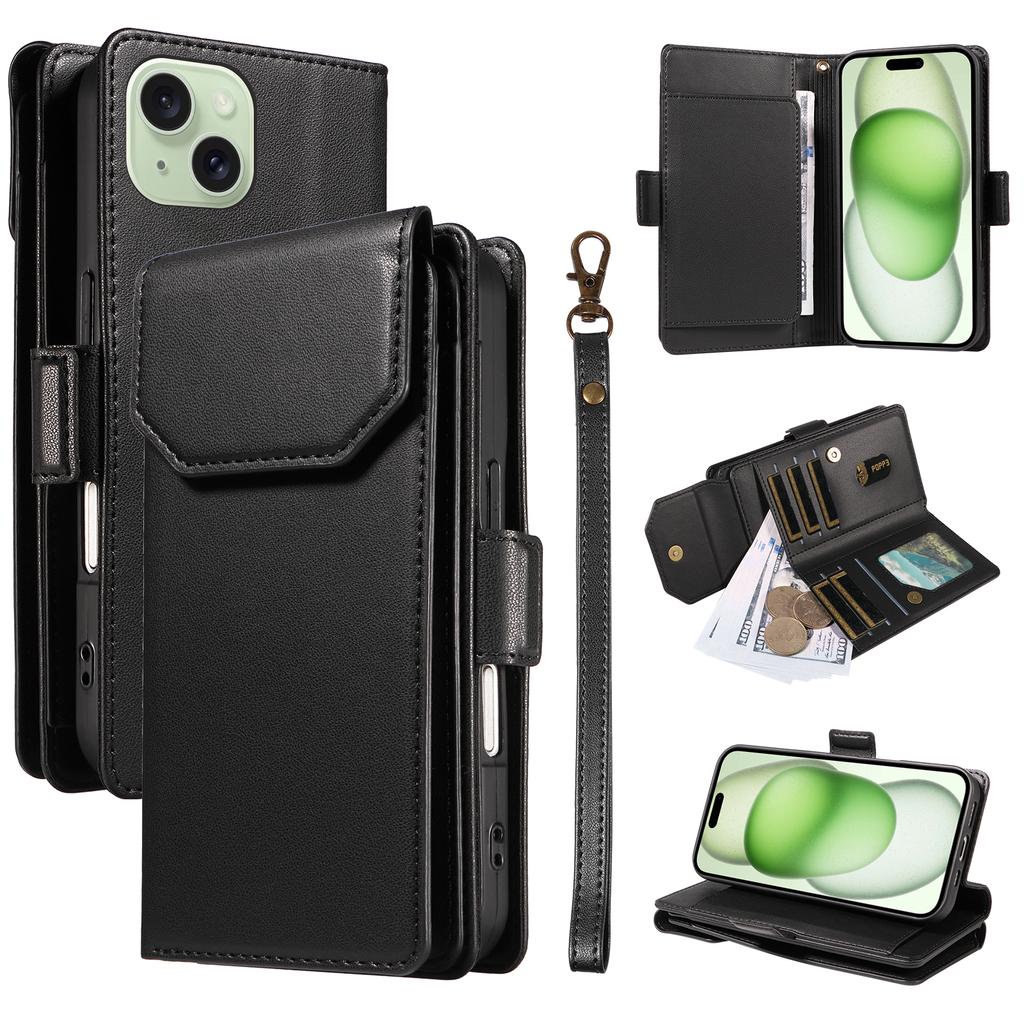 For iPhone 15 Case with Multi-Card Holder and Strap PU Leather Phone Cover Stand