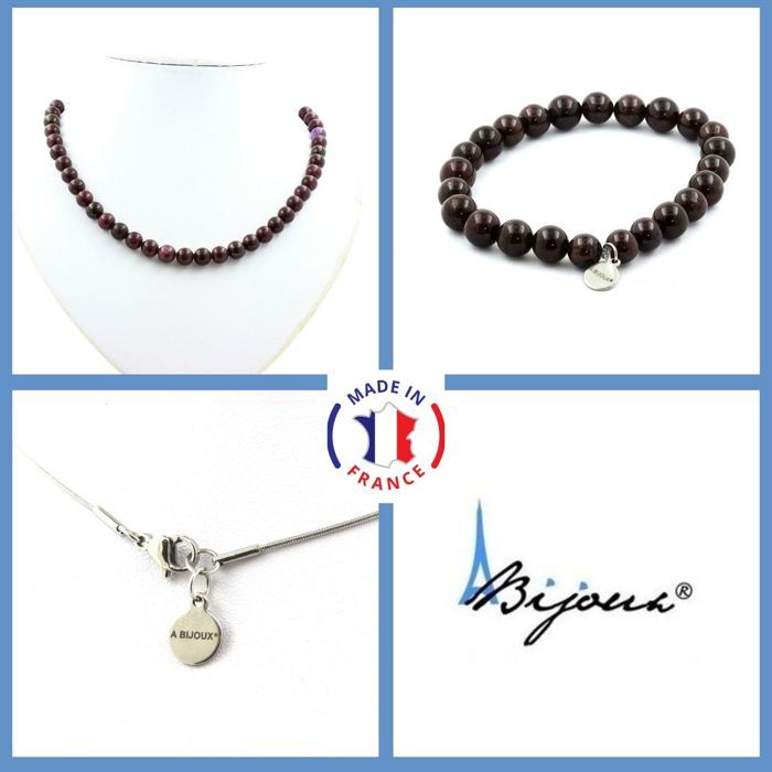 Stones and Minerals. Jewelry Set Bracelet Necklace Pearls Garnet 8 Mm. Steel Chain Customizable Size.