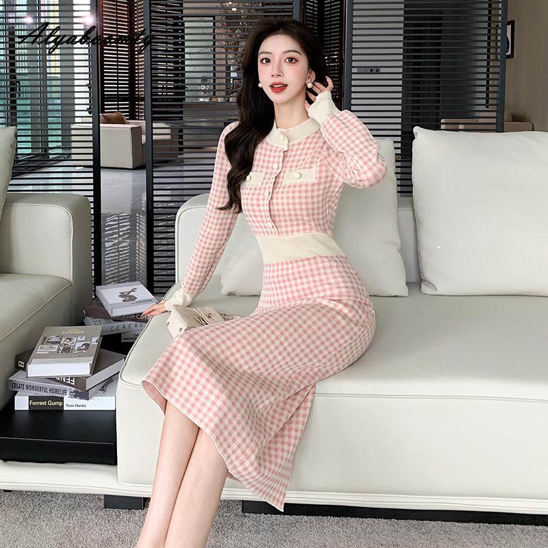 Элегантная мода осень-зима женское платье-свитер миди с круглым вырезом розовое черное клетчатое трикотажное платье офисная леди трикотажное платье А-силуэта