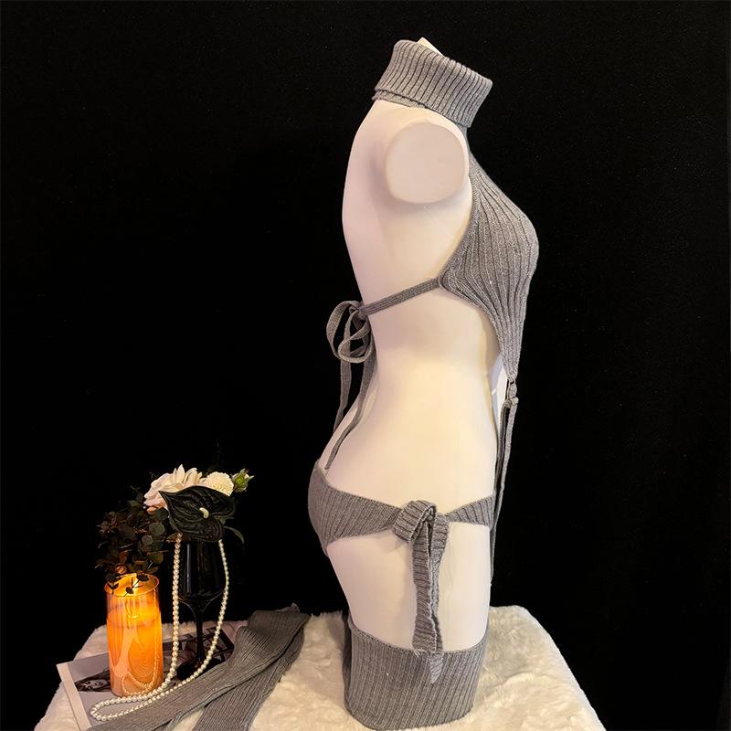 Эротический Сексуальный Аниме Кошка Девушка Серый Свитер Гольф Форменная Одежда Косплей Женщины Вязаная Одежда с Открытой Спиной Чулок с Подвязкой Костюм