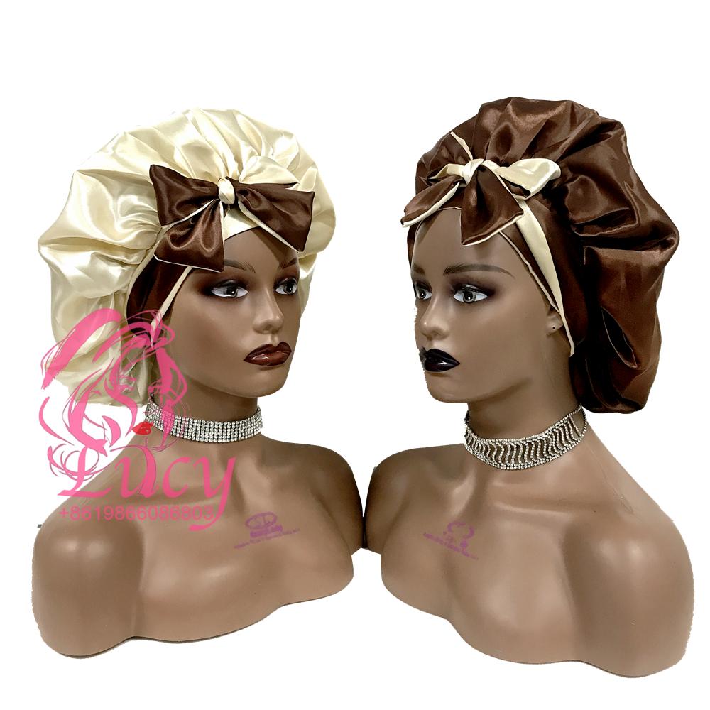 FREE SAMPLE Satin Bonnets Sleeping Caps Double Layer Women Silk Durags Head Tie Headband Designer Hair Bonnet With Custom logo