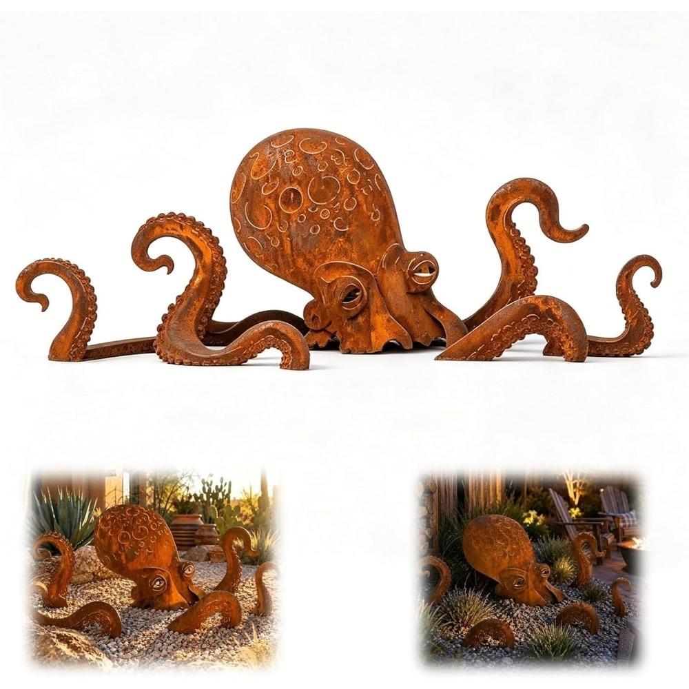 Vintage Iron Rusty Metal Squid Garden Statue Coastal Art Squid Yard Art Decor Outdoor Yard Art