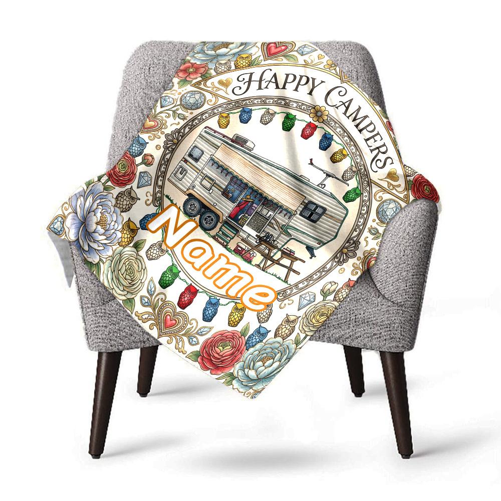 Camper Adventure Journey Happy Campers Customize Your Name Home Blanket Cozy Soft Lightweight Allseason Multipurpose Blanket For Picnics Sofas Offices
