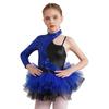 Платье для танцев с блестящими пайетками для девочек, дизайн с асимметричным рукавом, контрастная тюлевая юбка, стиль леотарда, наряд для выступлений