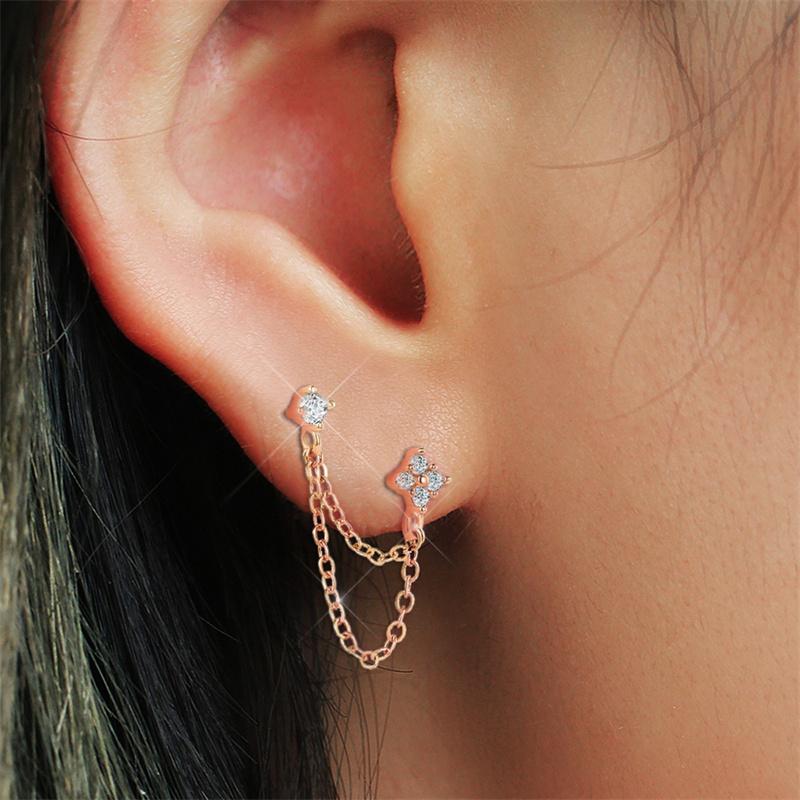 Huitan Fashion Double Piercing Tassel Earrings for Women, простые стильные универсальные женские серьги-капли с украшениями из фианита
