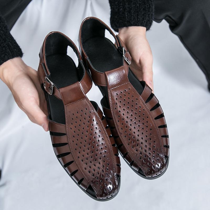 Brand's New Men's Summer Oversized Breathable Sandals Retro Pointed Men's Trend Hollowed Out Comfortable Leather Shoes