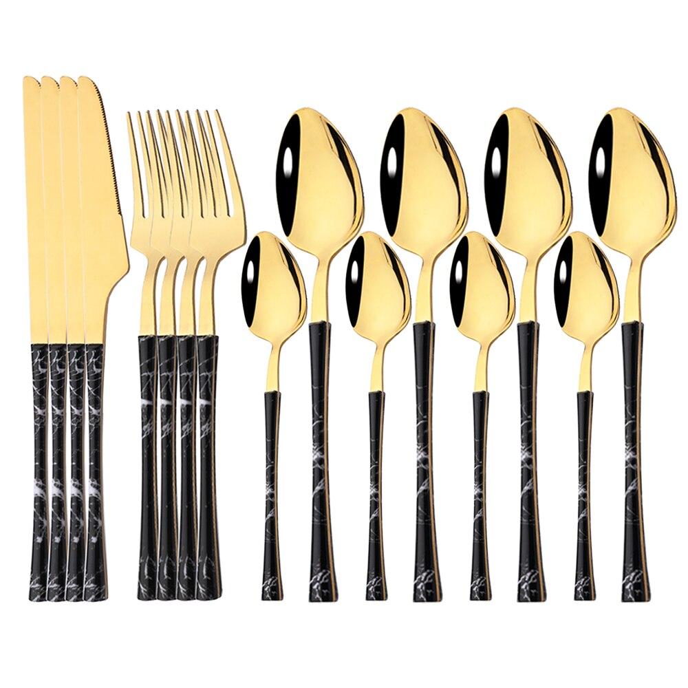 16Pcs Kitchen Cutlery Set Utensils Stainless Steel Fork Spoons Knife Teaspoons Dinnerware Tableware Sets Imitation Wooden Handle