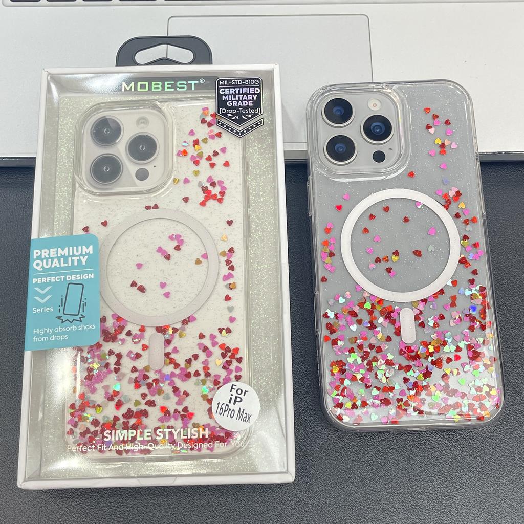 MOBEST For iPhone 16 Pro Magnetic Case Heart Shape Glitter Design TPU+PC Phone Cover