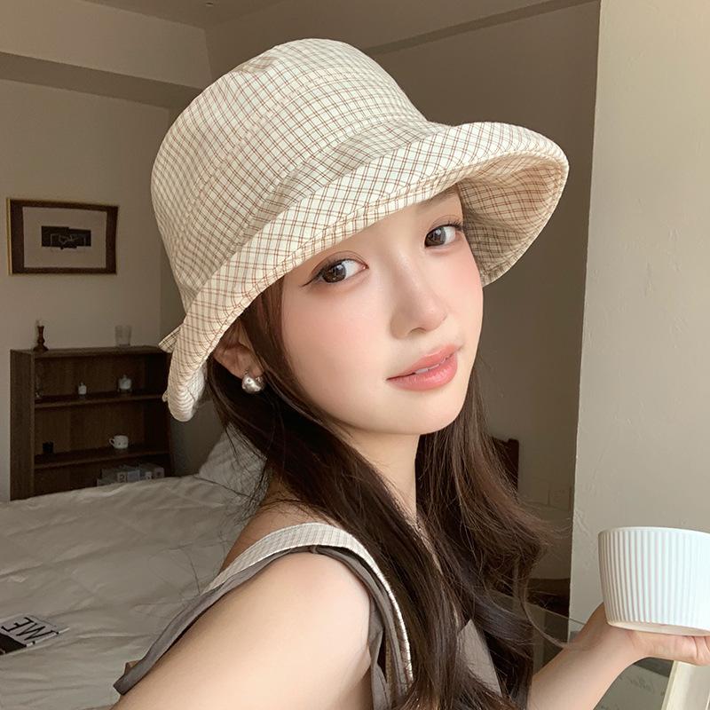 Korean Plaid Bucket Hats for Women Summer Foldable Fisherman Cap Outdoor Big Brim Sun Protection Basin Caps