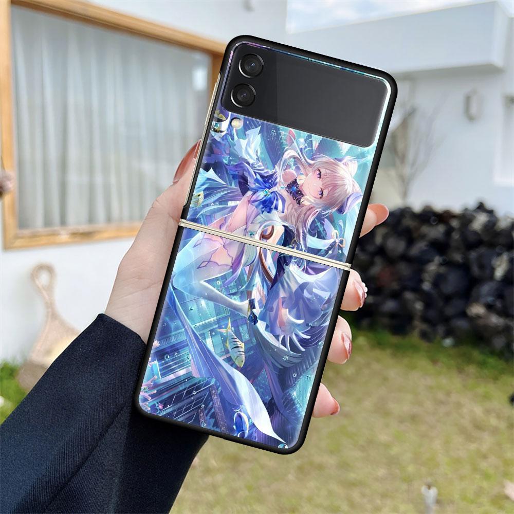 Роскошный чехол для Samsung Galaxy Z Flip 4 3 5G, черный ПК, жесткие чехлы для телефонов, модная задняя крышка ZFlip Funda Game Genshin Impact Shell
