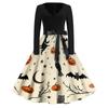 Women Casual Halloween Print V Neck Vintage Dress Long Sleeve Retro Style A Line Skater Dress with Waist Tie for Seasonal Events