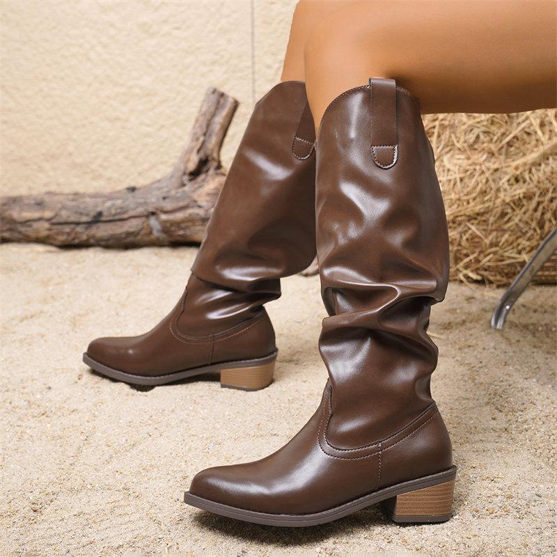 Fashion Women Knee High Boots Autumn Winter Female Shoes Fashion Retro Pleated Slip On Long Boots Elegant Square Low Heel Knight Boots