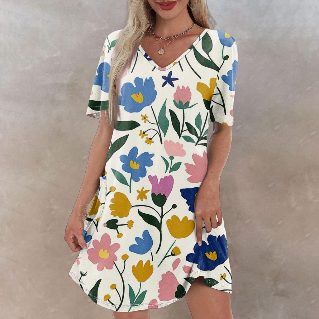 Women's Summer Fashion Casual V-Neck Floral Print Short Sleeve Pocket Dress