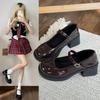 French Retro Thick Heel Mary Jane Shoes Women's Summer New Bow Brown Round Head British Style Small Leather Shoes