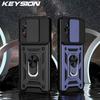 KEYSION Shockproof Armor Case for TECNO Spark 30 Pro Slide Camera Lens Protection Ring Stand Phone Back Cover for Camon 30S Pro
