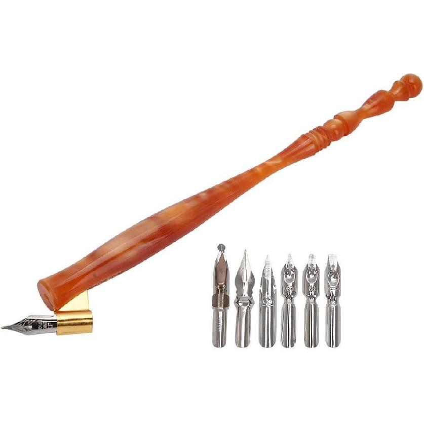 Calligraphy Oblique Nib Pen Point Holder, English Calligraphy Pen Nib Holder Antique Copperplate Script Handed Dip Pen + 6 Flat Nibs(1)