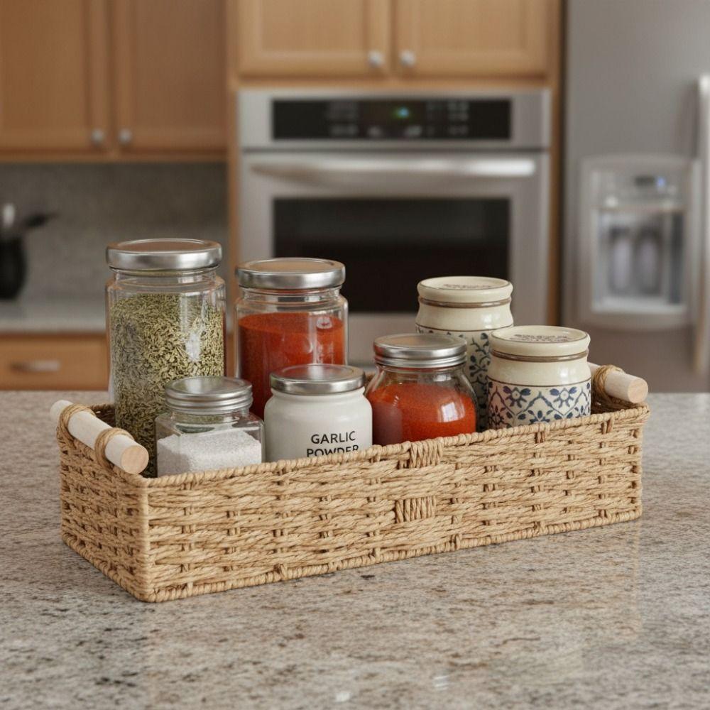 Handwoven Braided Toilet Paper Basket Wood Handle Sundry Storage Basket Snack