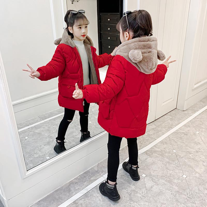 Girls Fall and Winter Padded Thickened Cute Loose Warm Jacket Plush Hooded Warm Jacket