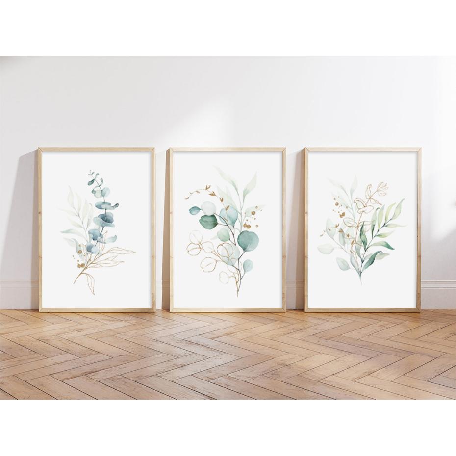 Бохо Зеленые Золотые Листья Цветочные Плакаты Акварель Картина на Холсте Настенные Художественные Принты Минималистская Картина Гостиная Украшение Дома