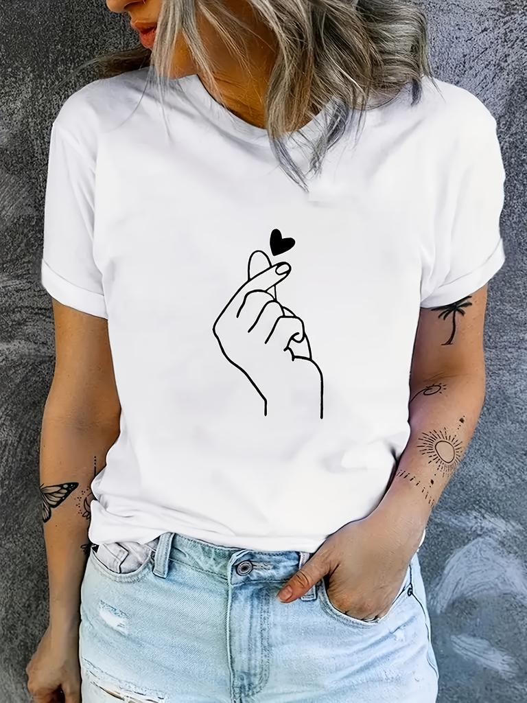 Women'S Casual Round Neck T-Shirt Heart Hand Gesture Pattern Print Short Sleeve Fabric All Season Fashion Harajuku ClothingTop