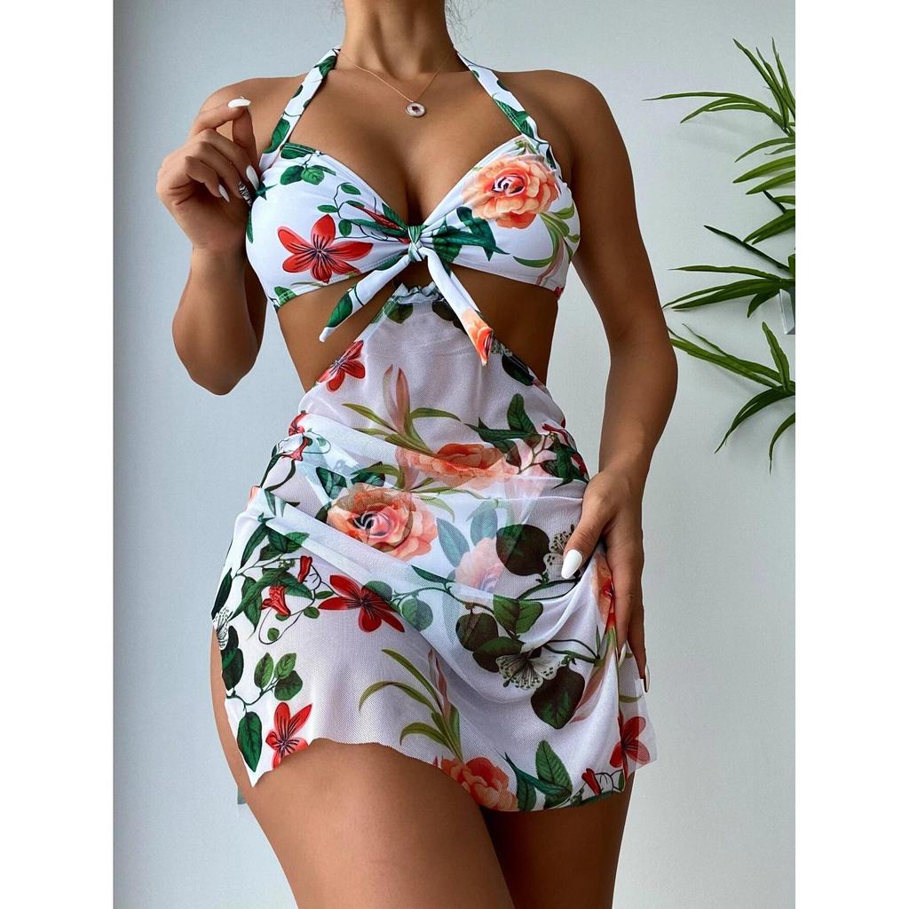 Купальник женский сплит-принт сексуальная тройка платье Холтер шеи цветочные комплекты бикини
