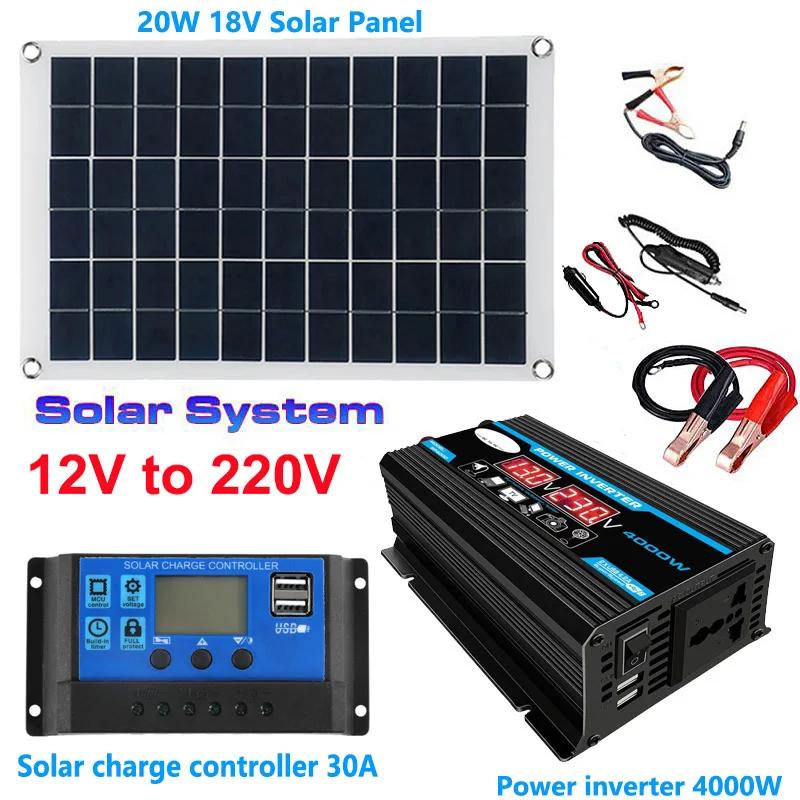 110/220V Solar Power System 20W Solar Panel Battery Charge 30A Controller 6000W Inverter Modified Sine Wave Power Generation Kit