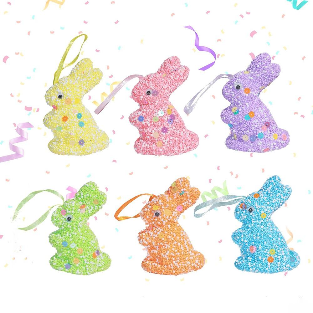 6Pcs Cute Colorful Foam Easter Rabbit Animal Mold Painted Sequin Bunny Ornament Hanging Sparkle Rabbit Figurine Celebration