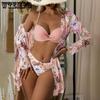 Swimwear Women's 3 Piece Set Bikini Mesh Split Floral Swimwear Bikini European Style Sexy Backless Push Up Swimsuit Beach Bathing Suits