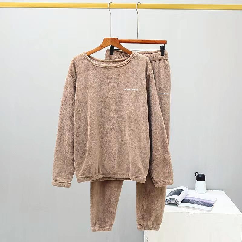 Women's Flannel Warm Home Sleepwear Sets Solid Color Round Neck Fleece Thick Pullover Lady Pajamas Long Sleeve Pants Casual 2Pcs